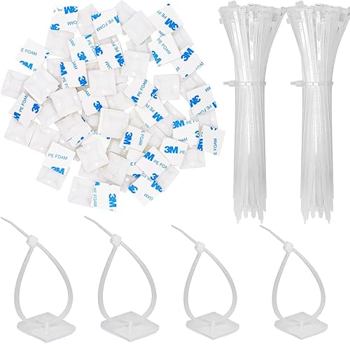 Paquete de 200 soportes adhesivos para atar con cremallera de 34 pulgadas, soportes autoadhesivos para atar cables con clips de alambre multiusos