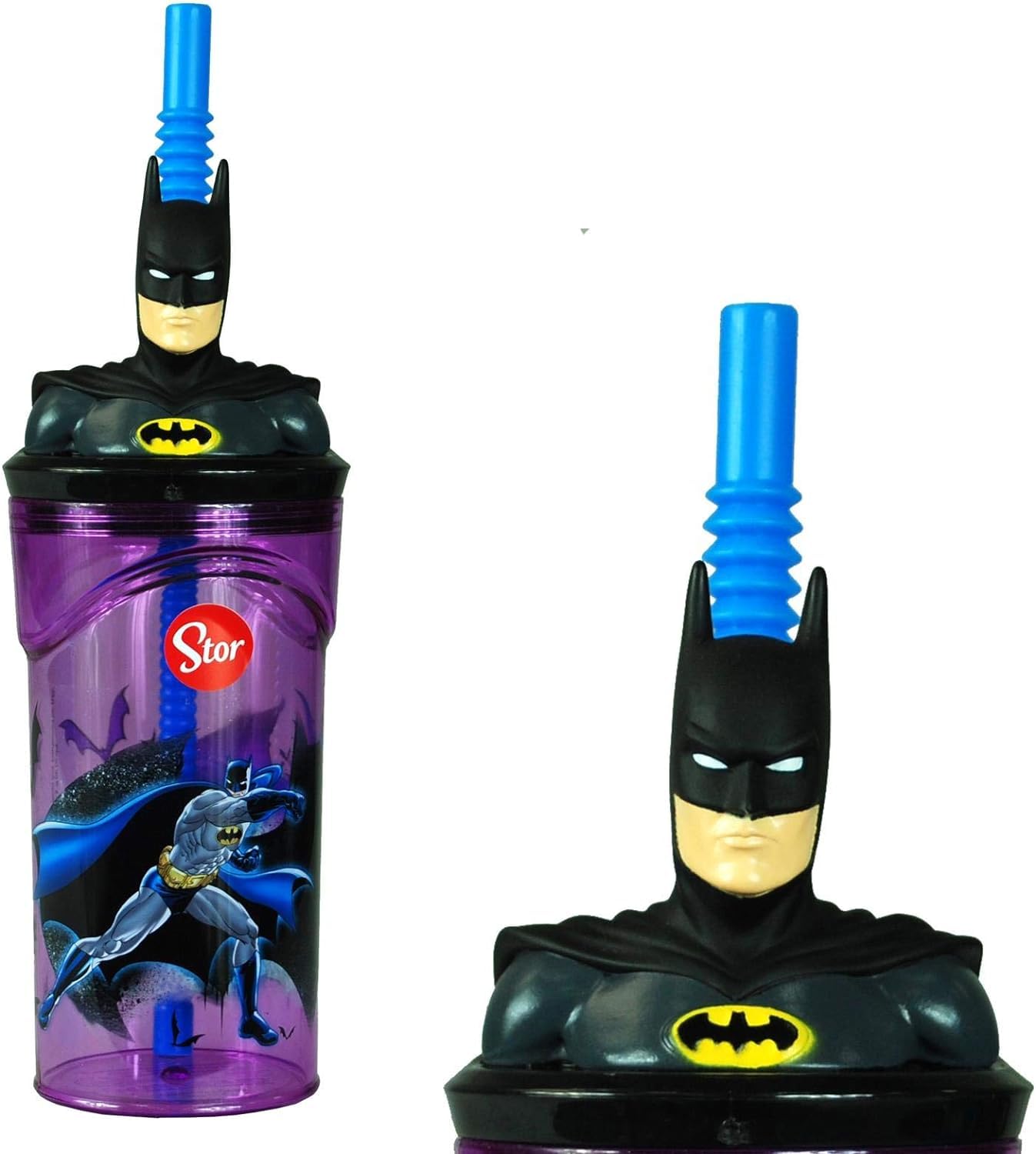 Golddunes 3D Cartoon Character Kids Figurine Re-Usable Plastic Tumbler Beaker With Re-Usable Flexi Straw - 360Ml (Batman)