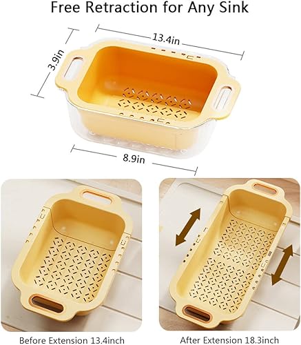 Miniatura 5 de Colador sobre el fregadero con cuenco extensible para lavar la cocina, 2 en 1, de doble capa y cesta para lavado de frutas y verduras, pasta de
