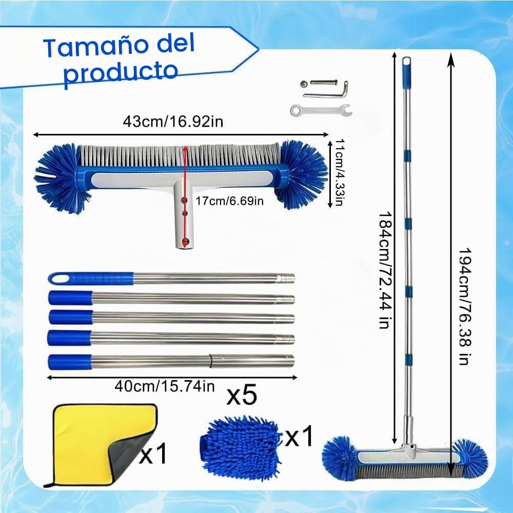 Cepillo Piscina con pertiga 194cm, Cepillo de Piscina 43cm, Cepillo para Limpiar Piscinas con Varilla de Acero Inoxidable, Kit Piscina Limpieza