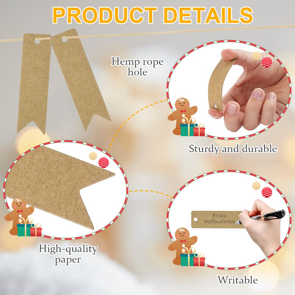 Flintronic 60 Stück Geschenkanhänger, Kraftpapier Anhänger zum Beschriften, mit 10m Jute Schnur, Handmade Label, für Geschenkverpackung, Hochzeit, Halloween, Erntedankfest, Weihnachten, DIY(Weiß