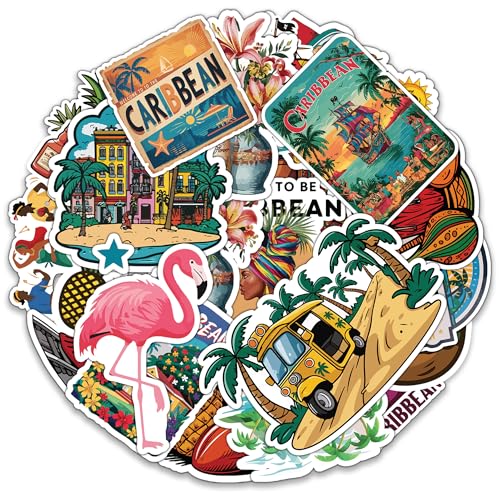 Image of Caribbean Paradise Travel Stickers 50 Pieces Vinyl Waterproof Decal for Laptop Water Bottle Phone Car Window Stakeboard Scrapbook Tropical Cruise Sticker Gifts