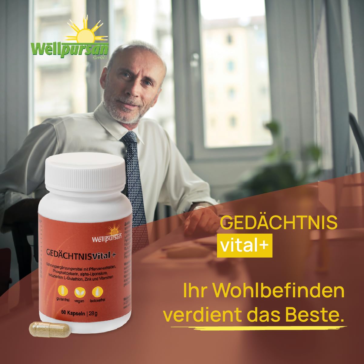 Wellpursan Gedächtnis vital+ 120 Kapseln, enthält Ashwagandha, Vitamin B12 und B6, Nahrungsergänzungsmittel zur Unterstützung von geistiger und körperlicher Leistungsfähigkeit, 100% vegan