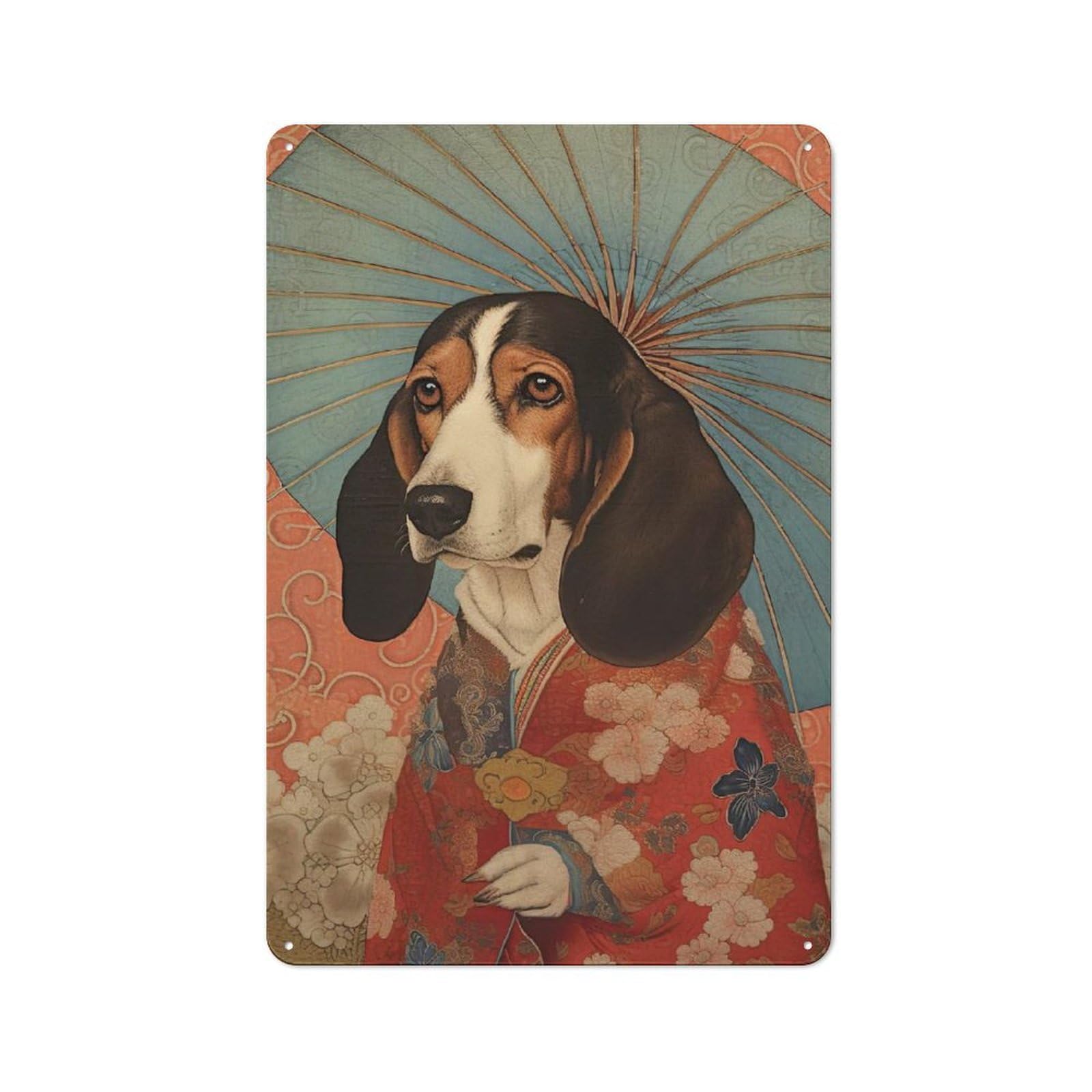 Rustic Vintage Metal Sign 30x20cm Featuring Basset Hound Geisha, Home Bar Decor for Cafe, Pub, Workshop Or Home Bar