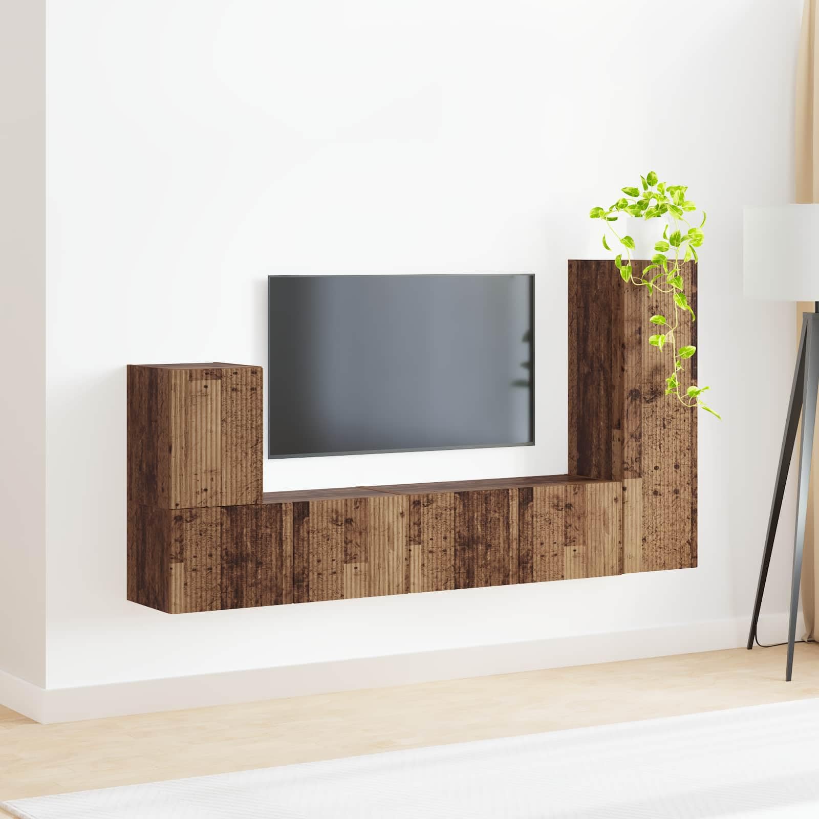 TV-Schrankset Wandmontiert 3-teilig, Altholz Holzwerkstoff, Modernes Media Center für Wohnzimmer, Schlafzimmer, 30x31x100 cm