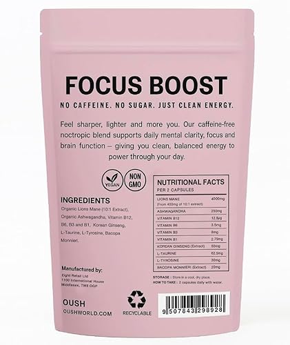 OUSH Organic Lions Mane Supplement 4000mg with Ashwagandha, Vitamin B Complex, 60 Vegan Capsules - Lion's Mane Mushroom 10-in-1, UK Made for Mental Performance, ADHD Supplement & Nervous System - Image 4