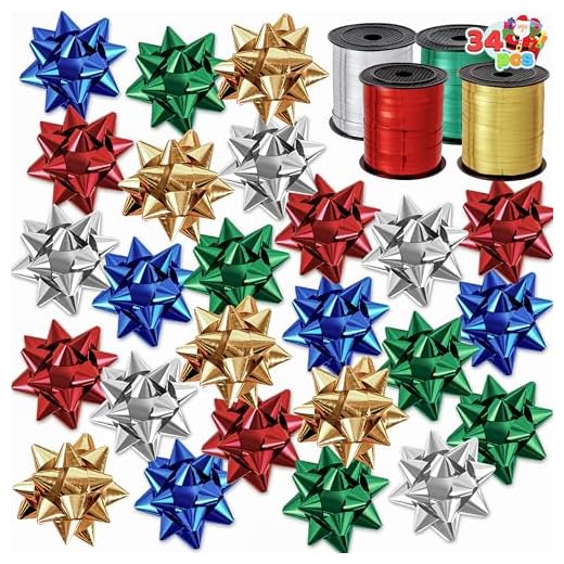 JOYIN Conjunto de fitas de Natal 4 rolos de fitas de ondulação com 30 peças de laços para fita de cabelo, fita de embrulho de presente, fita DIY para artesanato