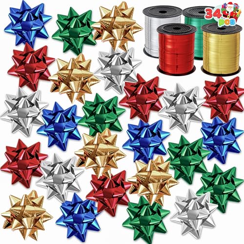 JOYIN Christmas Rinbons Set 4 Rollos de Cintas rizadas con 30 PCS Bows para Cinta de Cabello, Cinta de envío de Regalos, Cinta de Bricolaje para Manualidades