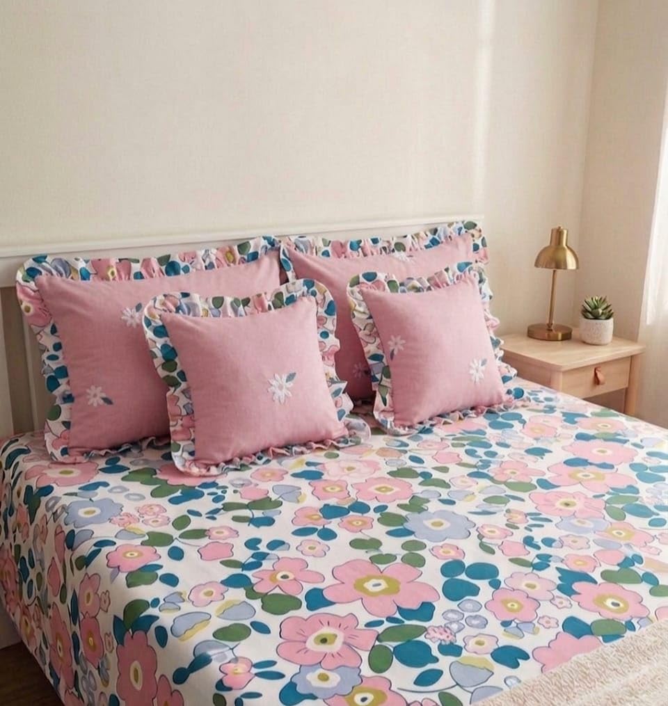 Floral Print Bedsheet Set with Quilted Pink Cushion Covers, Ruffle Detail, Daisy Embroidery, Multicolour King Size 90by 100-image-42