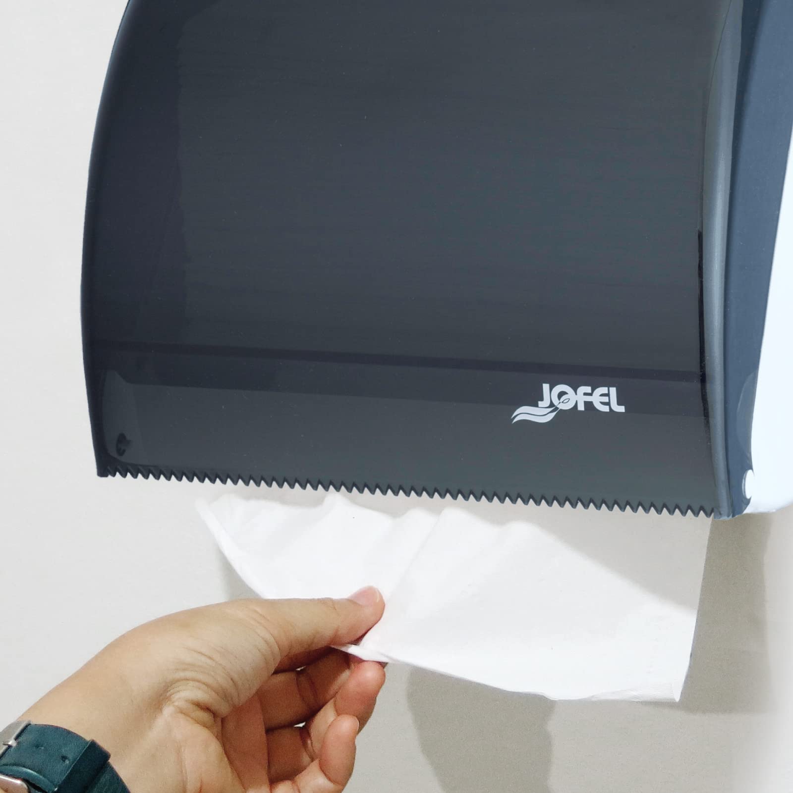 Jofel Dispensador de Papel de Manos Toallas Faciales Secamanos de Pared Combi 400 Toallitas Zig-Zag Bobina 90 mts Carcasa ABS Azur AH46000 SAN Fumé