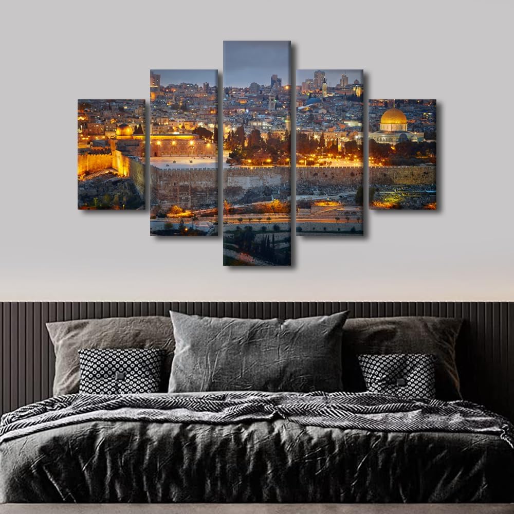 Jerusalem Wall Art 5 Pieces Canvas Judaism Religion Pictures HD Prints on Canvas Home Decor for Living Room Home Decor for Living Room Wooden Framed Gallery Wrapped Ready to Hang - 60" W x 40" H