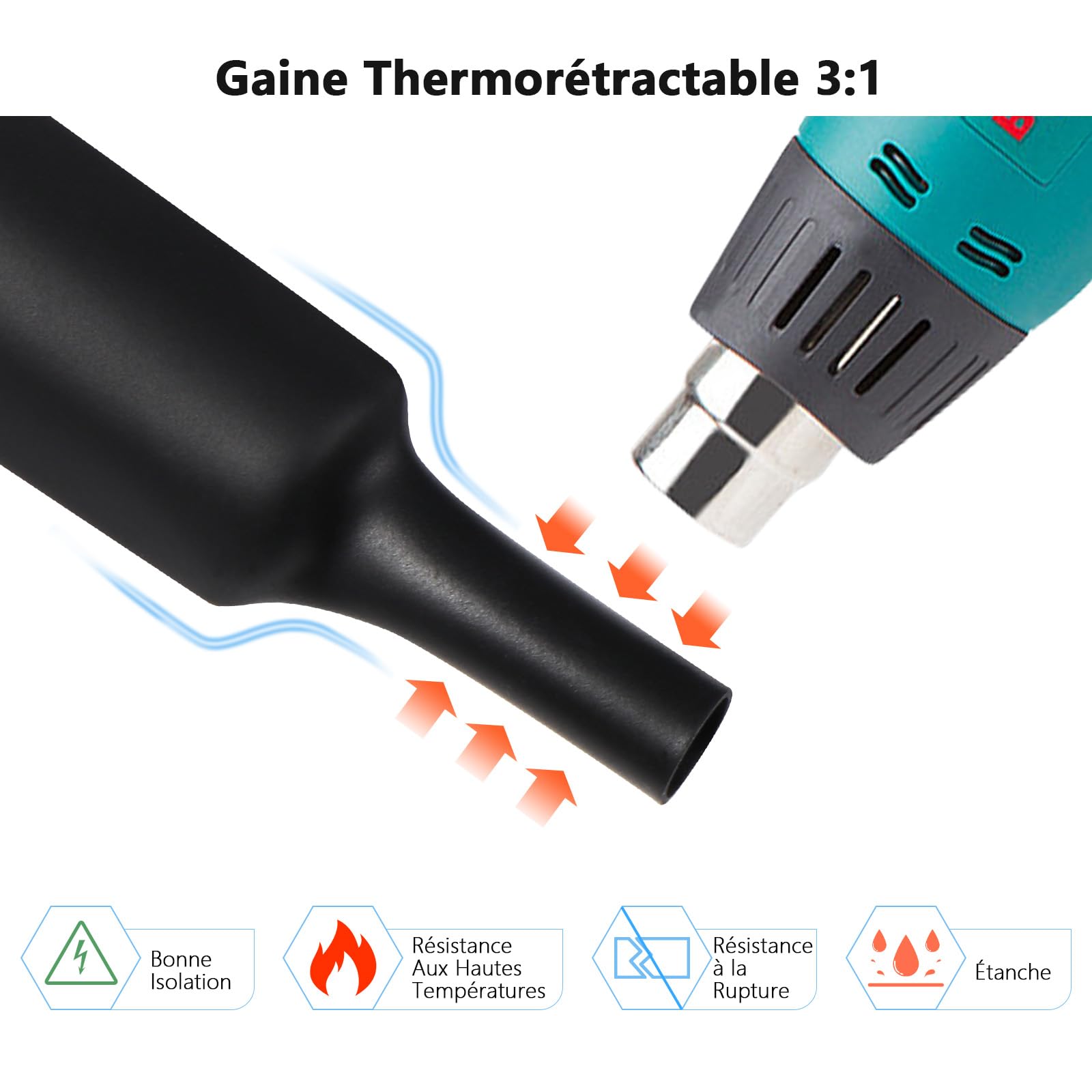 Vinabo 400 piezas 3:1 tubo termorretráctil de doble pared, kit de envoltura termorretráctil impermeable, revestimiento adhesivo, kit de tubo de cable termocontraíble de aislamiento eléctrico (Negro)