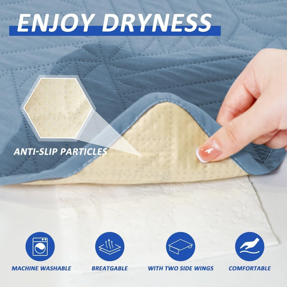 DUJUIKE Assorbente Per Incontinenza Lavabile Con Ali, Coprimaterasso Impermeabile, Lenzuolo Assorbente Riutilizzabile Per Incontinenza E Pipì A Letto, Fondo Antiscivolo (Blu, 90×135cm)