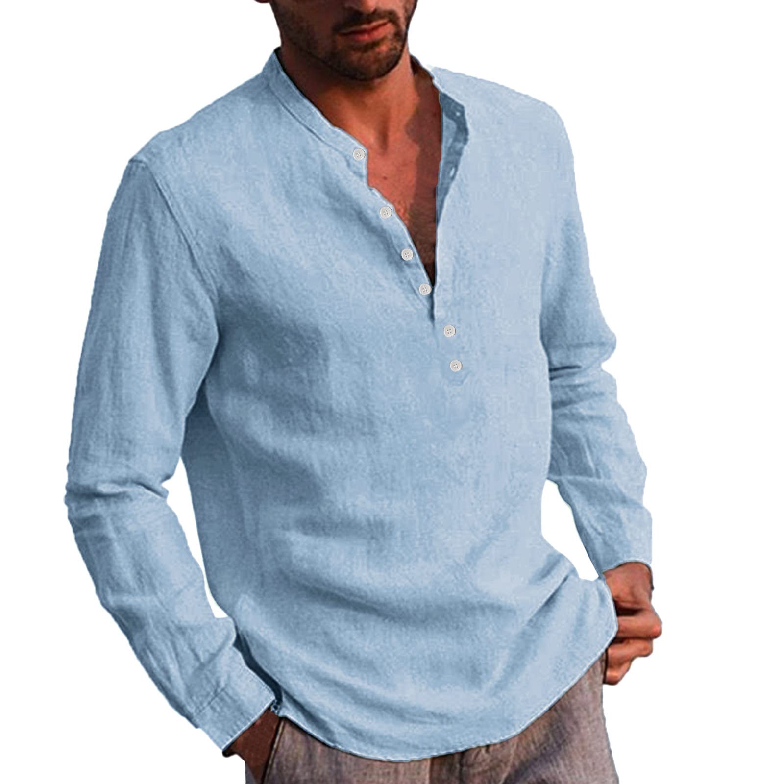 Beokeuioe Camisa de lino de manga larga para hombre, sin cuello, camisa de lino de manga larga para hombre, camisa de lino para hombre, corte regular, manga larga, camisa de verano Henley