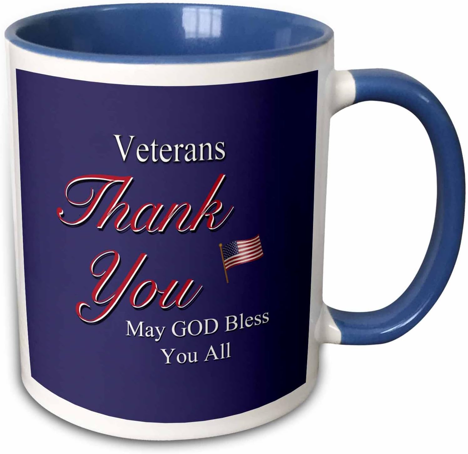 3dRose Thank You Veterans, May God Bless you all. Text art with USA flag in red, white and blue. 11oz Two-Tone Blue Mug