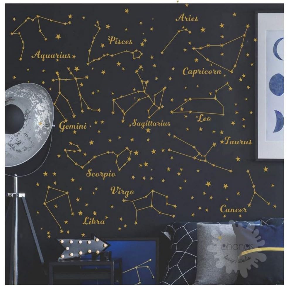 Constellation Wall Decal Twelve Constellations Stars Wall Stickers for Nursery Room Zodiac Astronomy Art Mural Kids Room Stars Decoration YU15 (Gold)