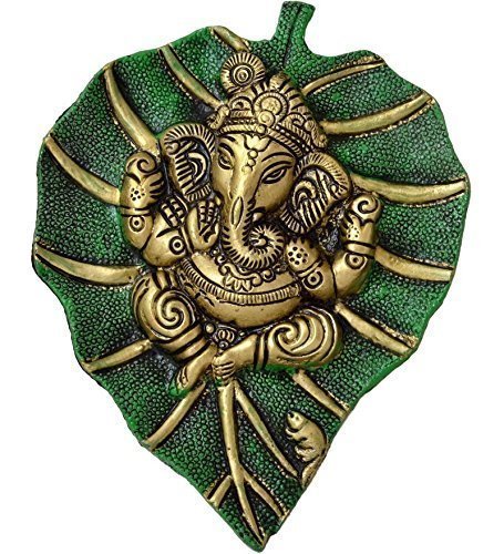 Brij Style Metal Pan Patta Ganesh Decorative Wall Hanging Showpiece Figurine (Green with Golden)
