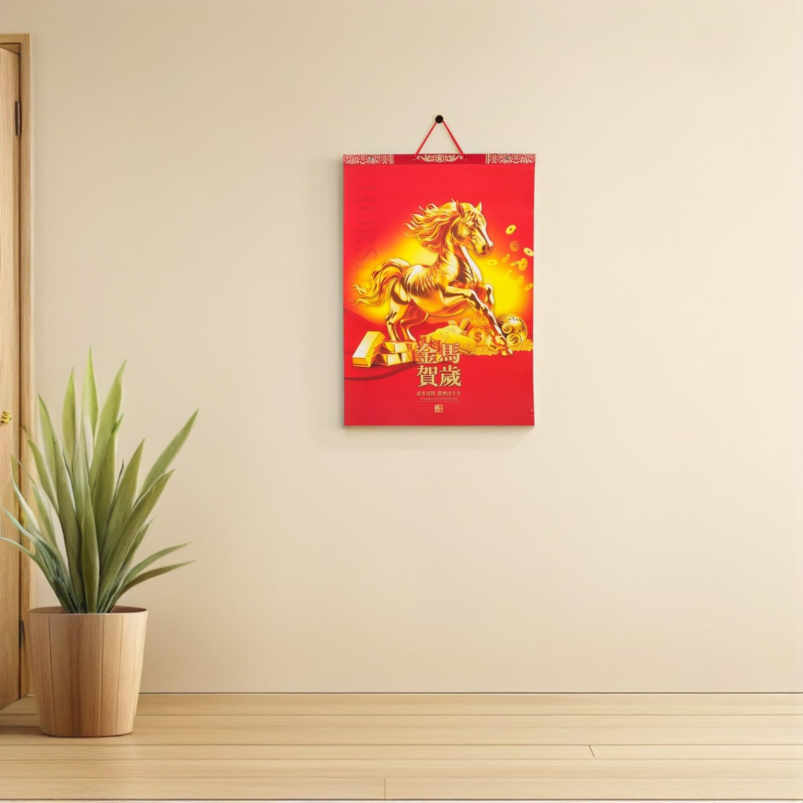 PLAFOPE Calendario de Pared 2026 del Año del Caballo Calendario Lunar Mensual con Fases Lunares Color Rojo Decoración Feng Shui para Oficina Hogar y Escuela