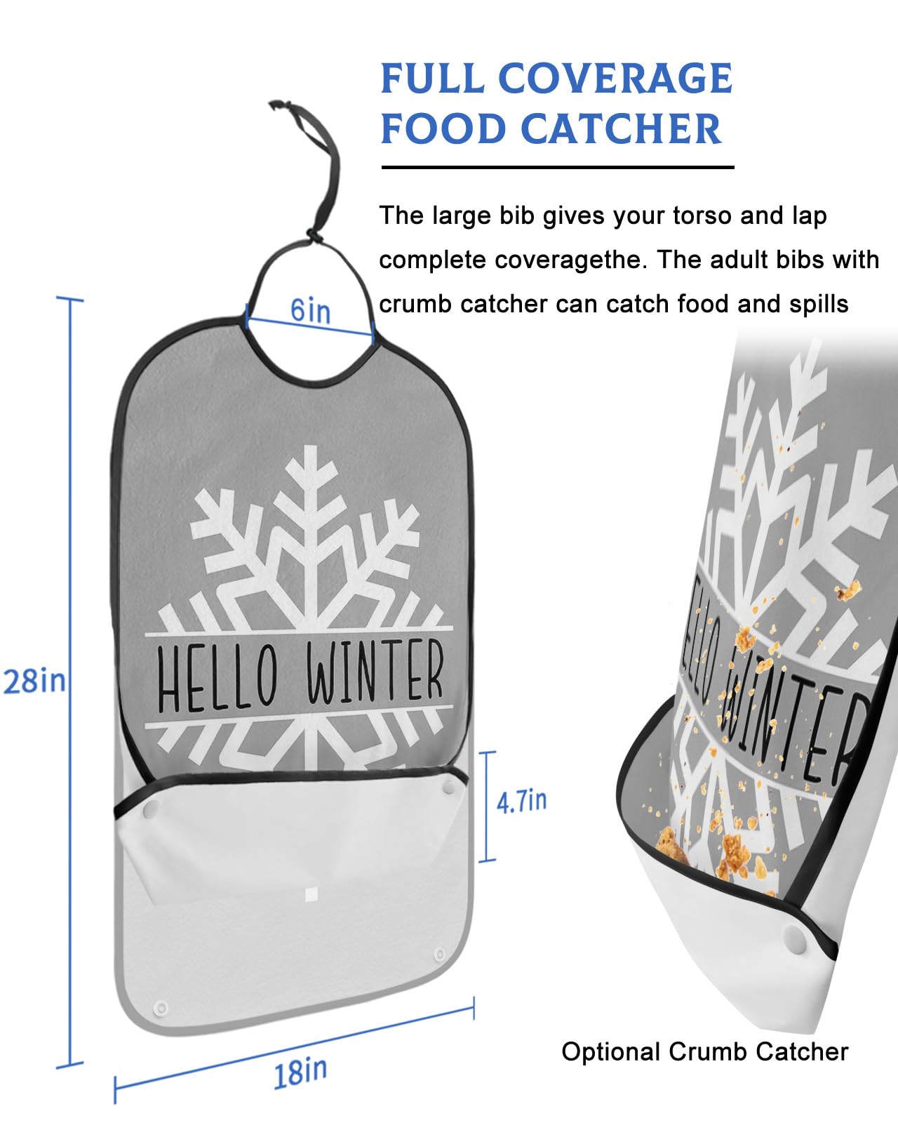 LEOKOTI Grey Snowflake Christmas Adult Bibs for Eating, Waterproof Bibs with Food Catcher & Adjustable Snap Closure, Hello Winter Snowflake Washable Clothing Protectors Adult Bibs for Elderly