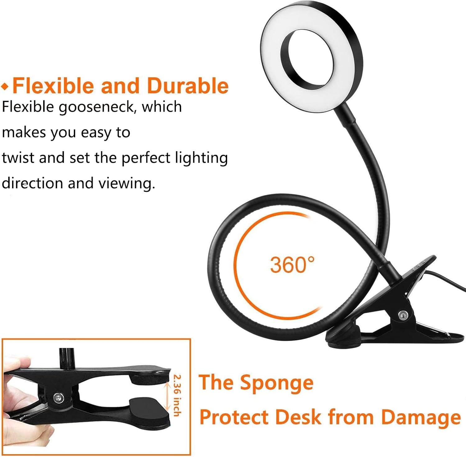 Dpower Clip on Light Reading Lights, 48 LED USB Desk Lamp with 3 Color Modes 10 Brightness, Eye Protection Book Clamp Light, 360 ° Flexible Gooseneck Clamp Lamp for Desk Headboard Video Conferencing