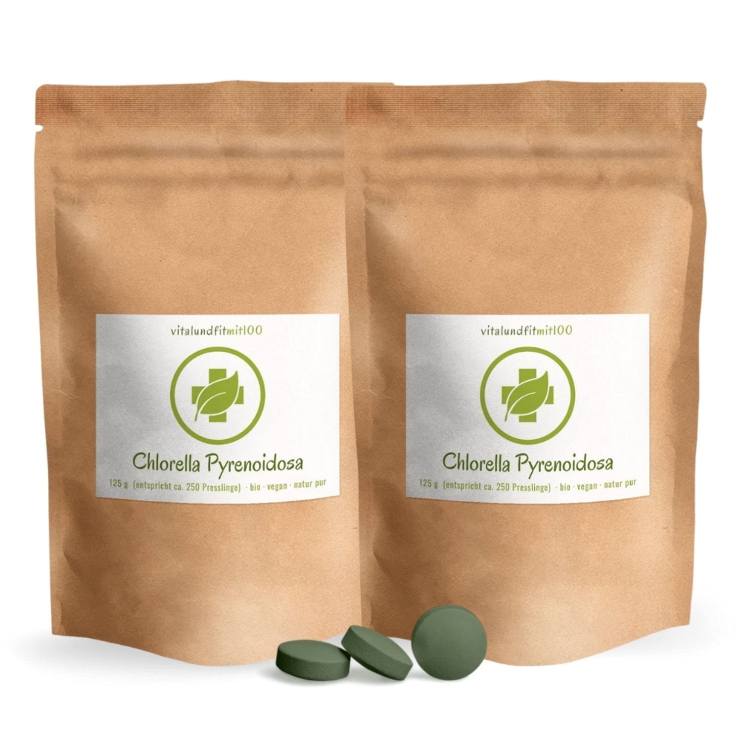 Bio Chlorella Presslinge à 500 mg - (2 Beutel mit je 125 g = ca. 500 Stück) - Naturprodukt - vegan/rein - gentechnikfrei