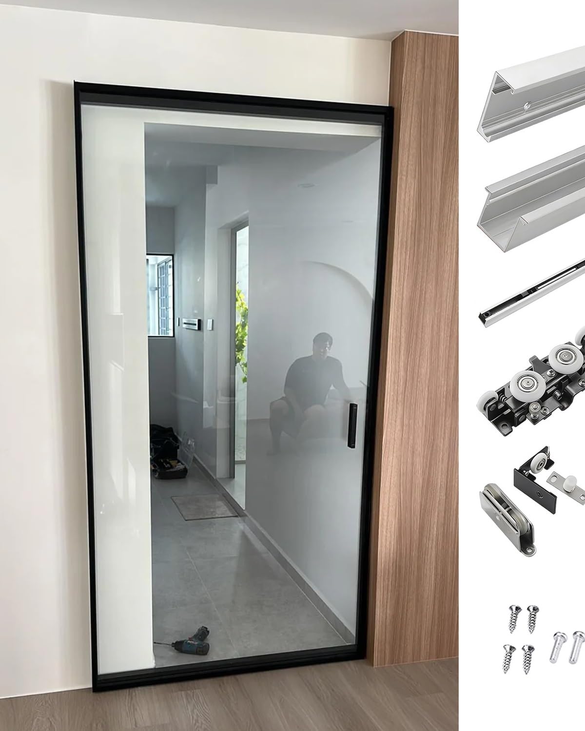 Zestaw osprzętu do drzwi przesuwnych bez szyn, ukryty system z mechanizmem miękkiego zamykania do drzwi kieszonkowych, pasuje do grubości 40-50 mm, długość 220 cm