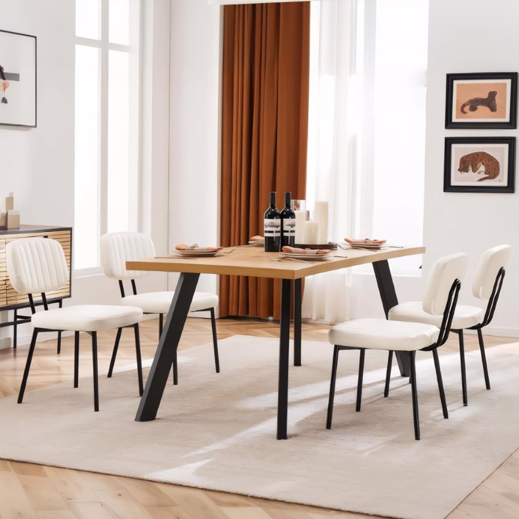 ENYLAY Dining Chairs Set of 4, Mid Century Modern Dining Chairs with Leather Upholstered, Cream Accent Chair for Dining, Kitchen and Living Room (