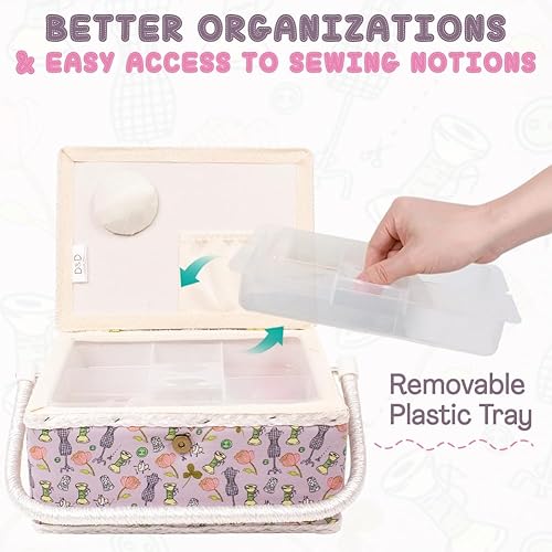 Vista 77 de Sewing Basket Organizer with Complete Sewing Supplies, Wooden Sewing Storage Organizer with Removable Tray Sewing Essentials and Tomato Pincushion