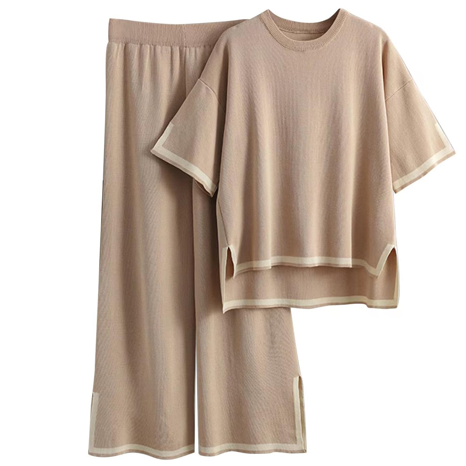 Women Tracksuits Crew Neck Color Blocked Knit Pullover Tops with High Waisted Wide Leg Pants Side Split Hem S-XL