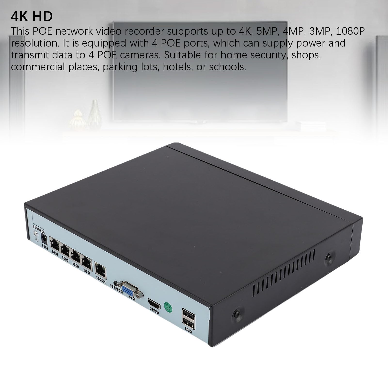 Jectse 4K 4 -Channel Poe NVR, 4 -Channel Security DVR Recorder Wtyczka i Odtwarzanie Zdalnego Dostępu do Iron Motion Detekcja dla Sklepu (wtyczka UE)