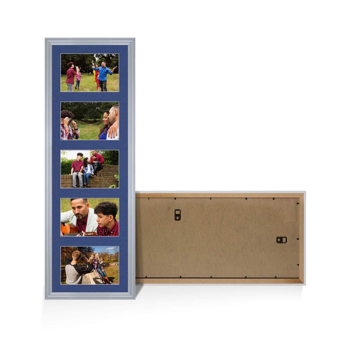 Procut Global 26X8 Silver Photo Frames For Multiple Pictures with Blue Mount-Classic Collage Frame with 5 Apertures (5x) 6X4-Engineered Wood with Shatterproof Perspex