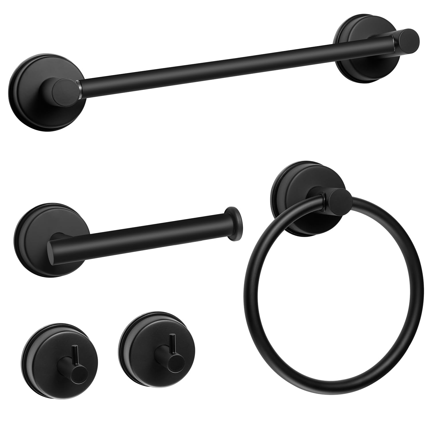 Annatuoli 5 Piece Suction Cup Bathroom Accessories Set, Adjustable 12-21 Inches Suction Cup Towel Bar Towel Racks, Robe Towel Hooks Toilet Paper Holder for Glass Shower Door Bathroom Matte Black