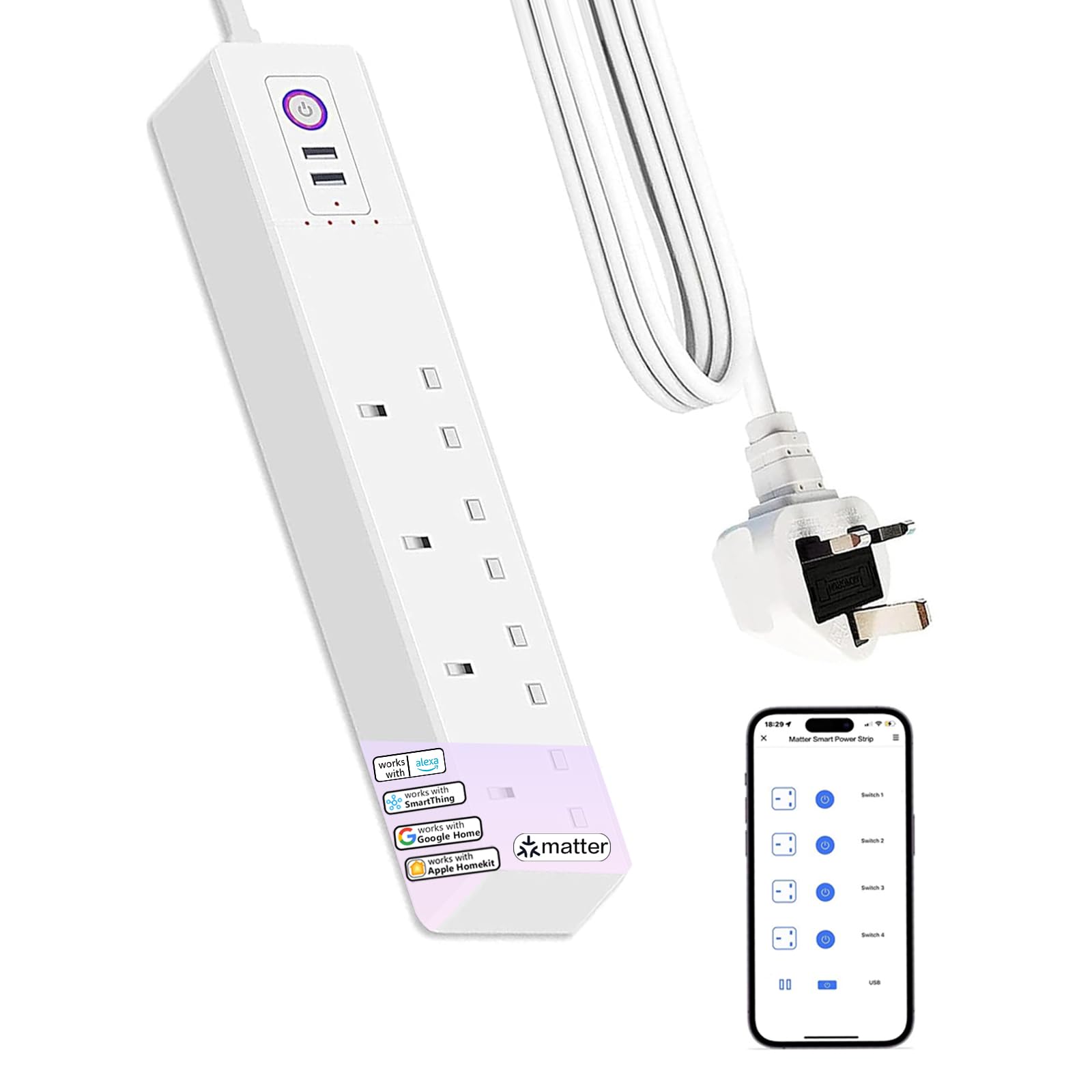 UseeLink Matter Smart Power StripSurge ProtectorUSB Extension CableMatter Power Strip, for Apple HomeKit, Alexa, Googlee, SmartThinggss Smart Home, Requires Matter Hub, 2.4G wifi Only, 13A