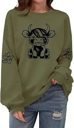 Women Highland Cow Sweatshirt Cute Cowgirl Gift Christmas Farm Sweatshirt Ribbon Long Sleeve Shirts