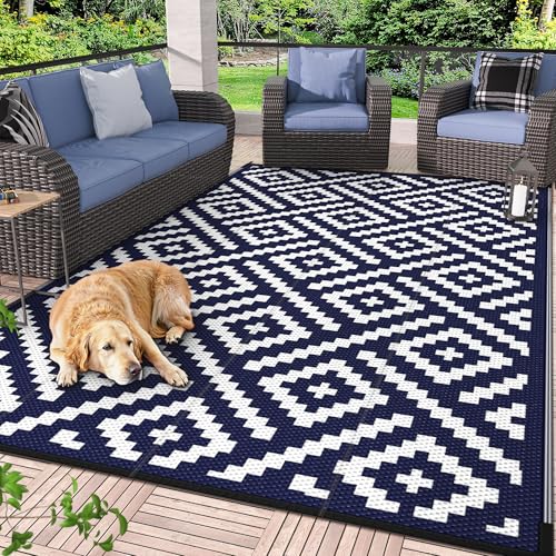 Image of GENIMO Outdoor Rug, Waterproof Plastic Rugs for Patio, 6'x9' Blue White