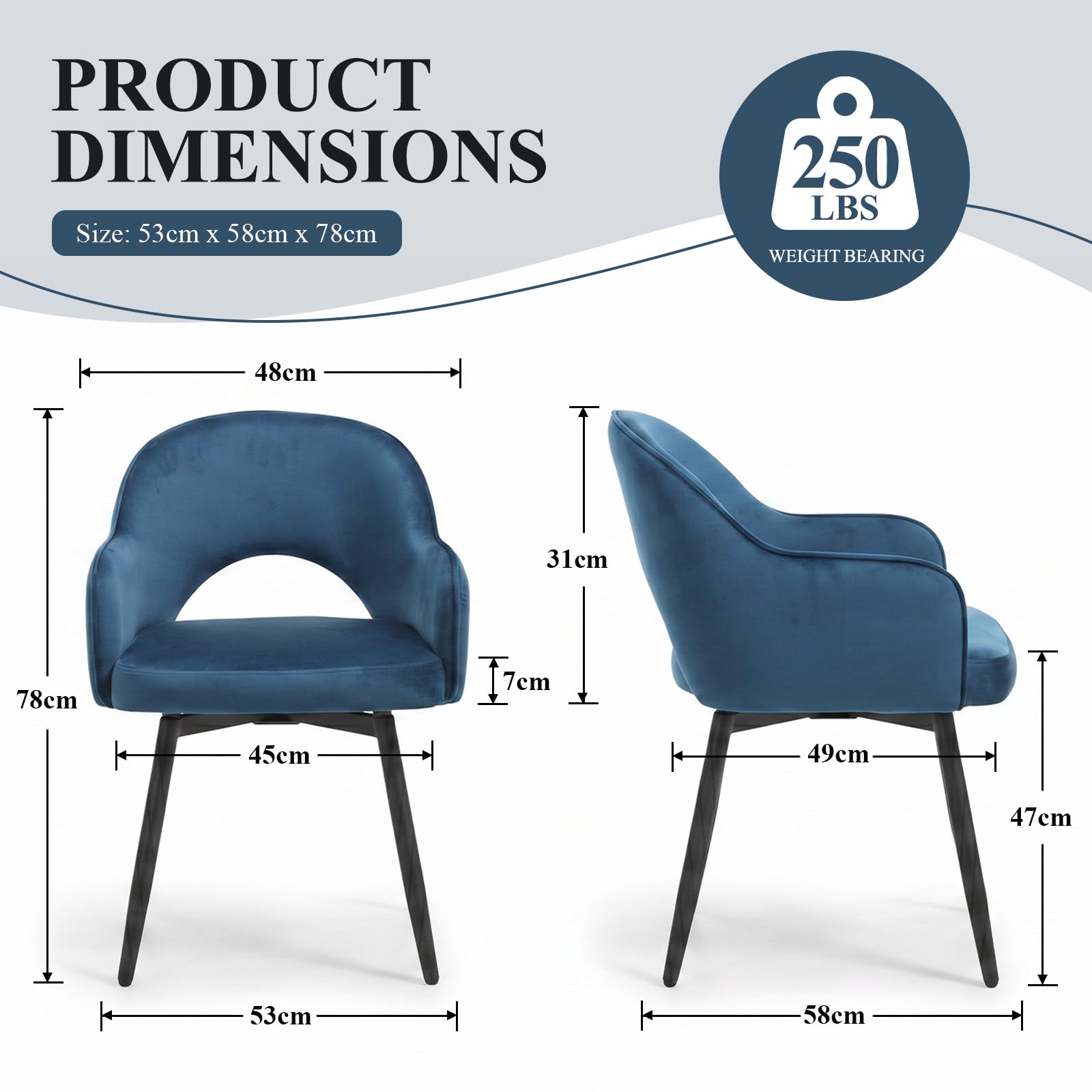 chairus Set di 2 Sedie da Pranzo in Velluto Sedia Cucina Girevole Poltroncina Imbottita con Schienale Sedia Moderna Design con Gambe in Metallo per Sala da Pranzo/Soggiorno, Blu