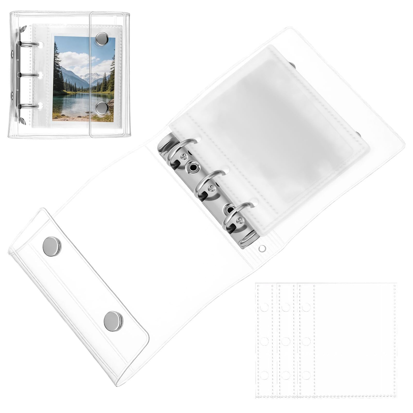 Mini A8 3-Ring Binder with Snap Button Closure, Silver Cover, 21pcs Set Including 20-Pocket Loose Leaf Folder, Compact Organizer for Travel and Budget Planning