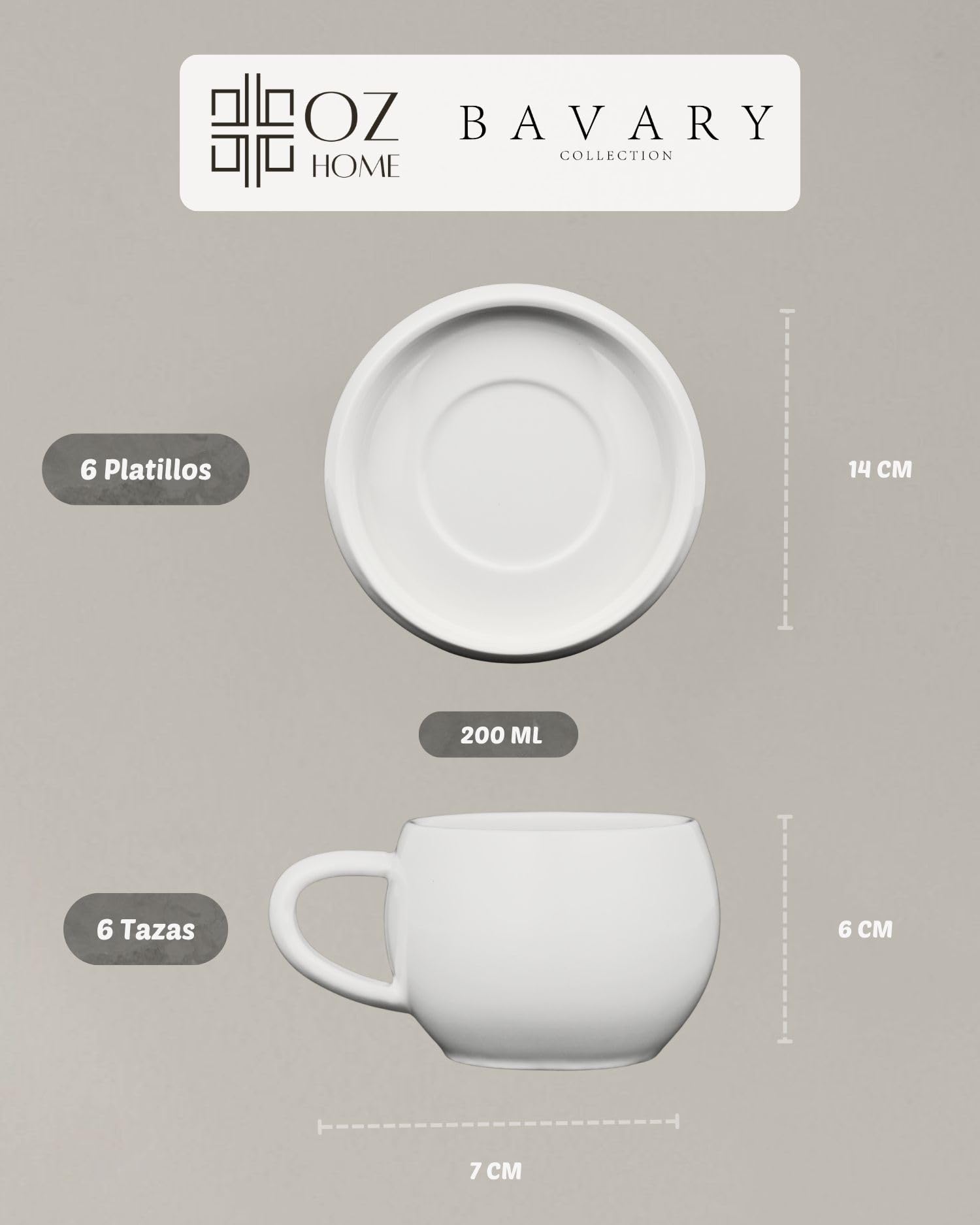 BAVARY Chubby Tazas de Café y Té con Plato – Juego 12 Piezas para 6 Personas – 200 ml Porcelana Blanca – Diseño Redondo – Cappuccino, Café, Té e Infusiones – Aptas Lavavajillas y Microondas