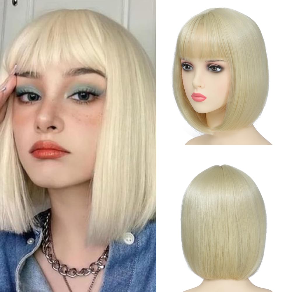 Refined Short Bob Wigs With Bangs 12 inch Straight Blonde Heat Resistant Synthetic Wig For Women Daily Cosplay Party (#613, 12 Inch)