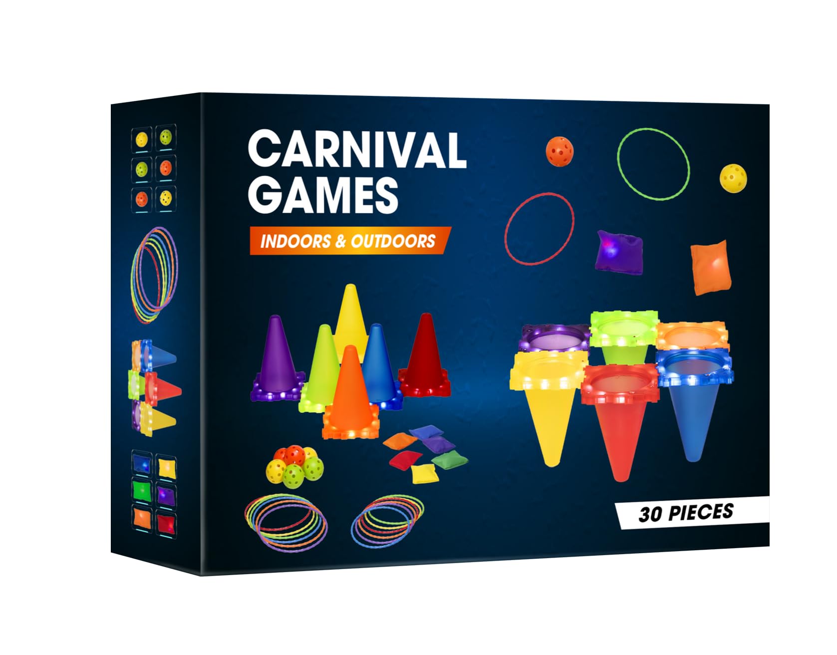 Rovox Carnival Outdoor Indoor Game for Kids Ages 4 5 6 7 8 9 10 11 12 and Up with LED Lights – 30 PCS Ring Toss, Bean Bags, Plastic Cone Toss – Perfect for Birthday Parties & Night Play