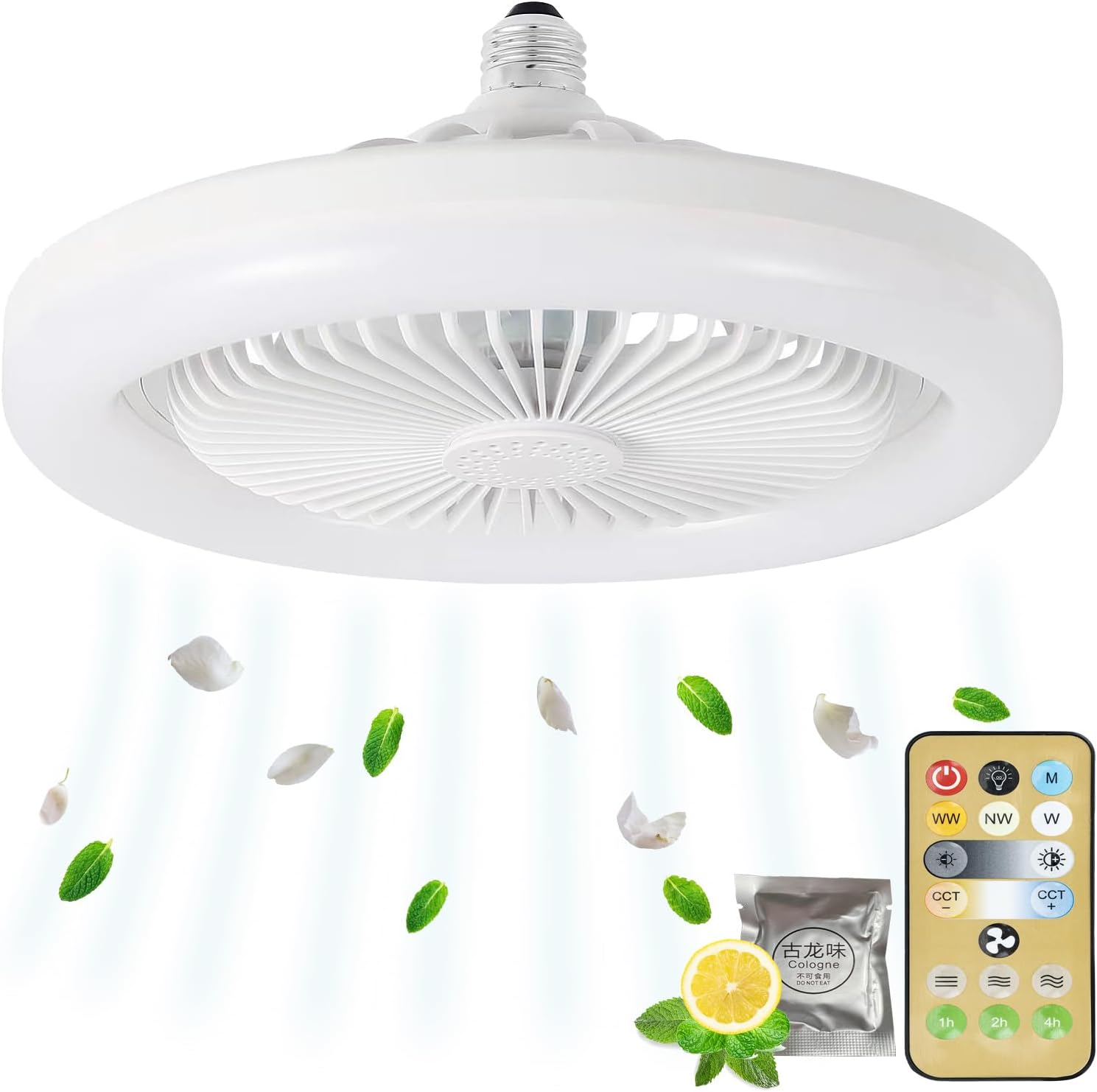 Enclosed Screw-in Ceiling Fan Light, 10 in E26 Base Remote Controlled Led Light Fan, Memory Function, 3 Speeds Choices, with a Scent Vent (One Fragrant Tablet Contained)