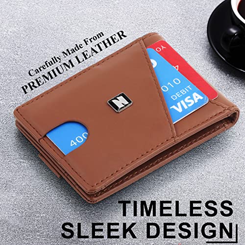 Genuine Full Grain Leather Slim Wallet for Men – Front Pocket Large Capacity Minimalist RFID Card Holder Bifold Wallet With Detachable Money Clip, 8 Slots, ID Window & Release Strap – Brown4