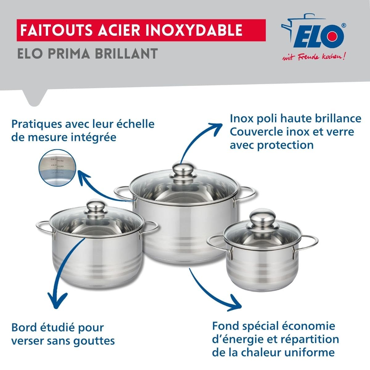 Elo Batterie cuisine poêle 20 cm et 3 faitouts 16/20/24 cm