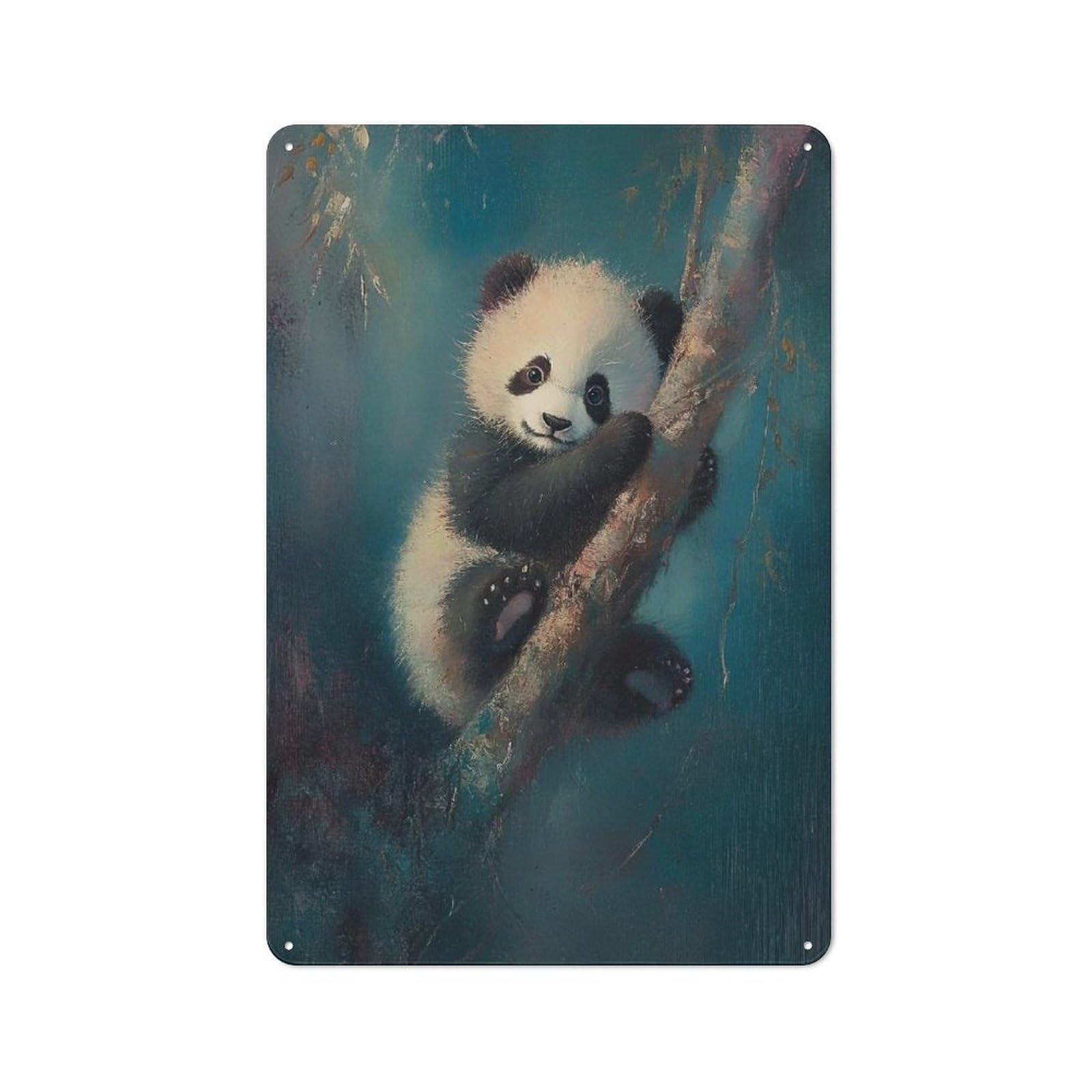 Junmoney Cute Panda Cub Decorative Tin Sign With Design 30X20cm, Nostalgic Old Style Wall Plaque For Living Room, Hallway, Kitchen Or Cafe