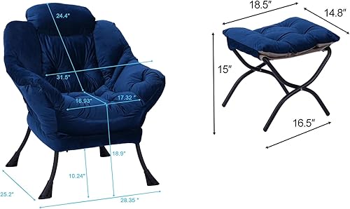 Miniatura 3 de MOCASO Silla Lazy con otomana, cómoda silla de descanso Accent y reposapiés plegable, marco de acero y reposapiés antideslizante, color azul