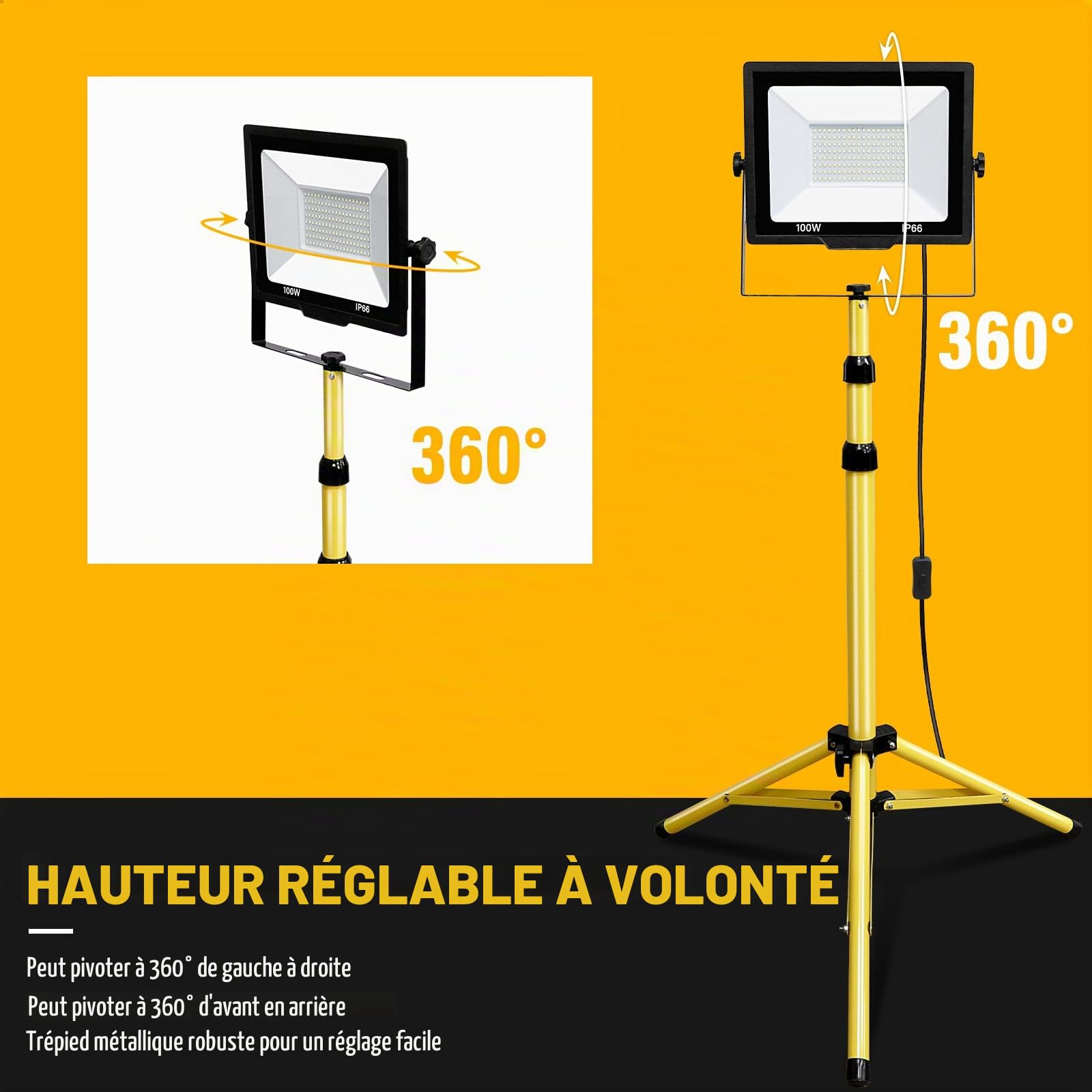 Willpower Projecteur Chantier LED sur Pied 100W Spot LED Extérieur Filaire | Lumiere de Chantier 10000LM, 6000K Blanc, Etanche IP66, Portable Lampe de Travail Pour Garage Atelier Construction