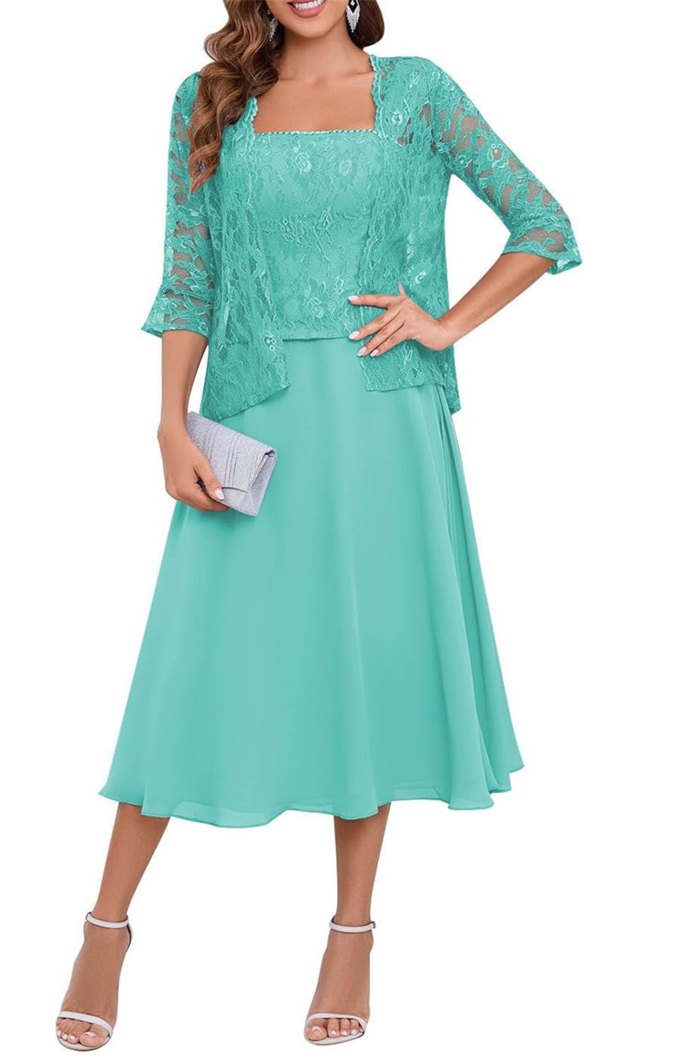 Yiann Women's Turquoise Chiffon Mother Of The Bride Dresses Long For Wedding A Line Tea Length Formal Evening Dress With Jackets Uk18