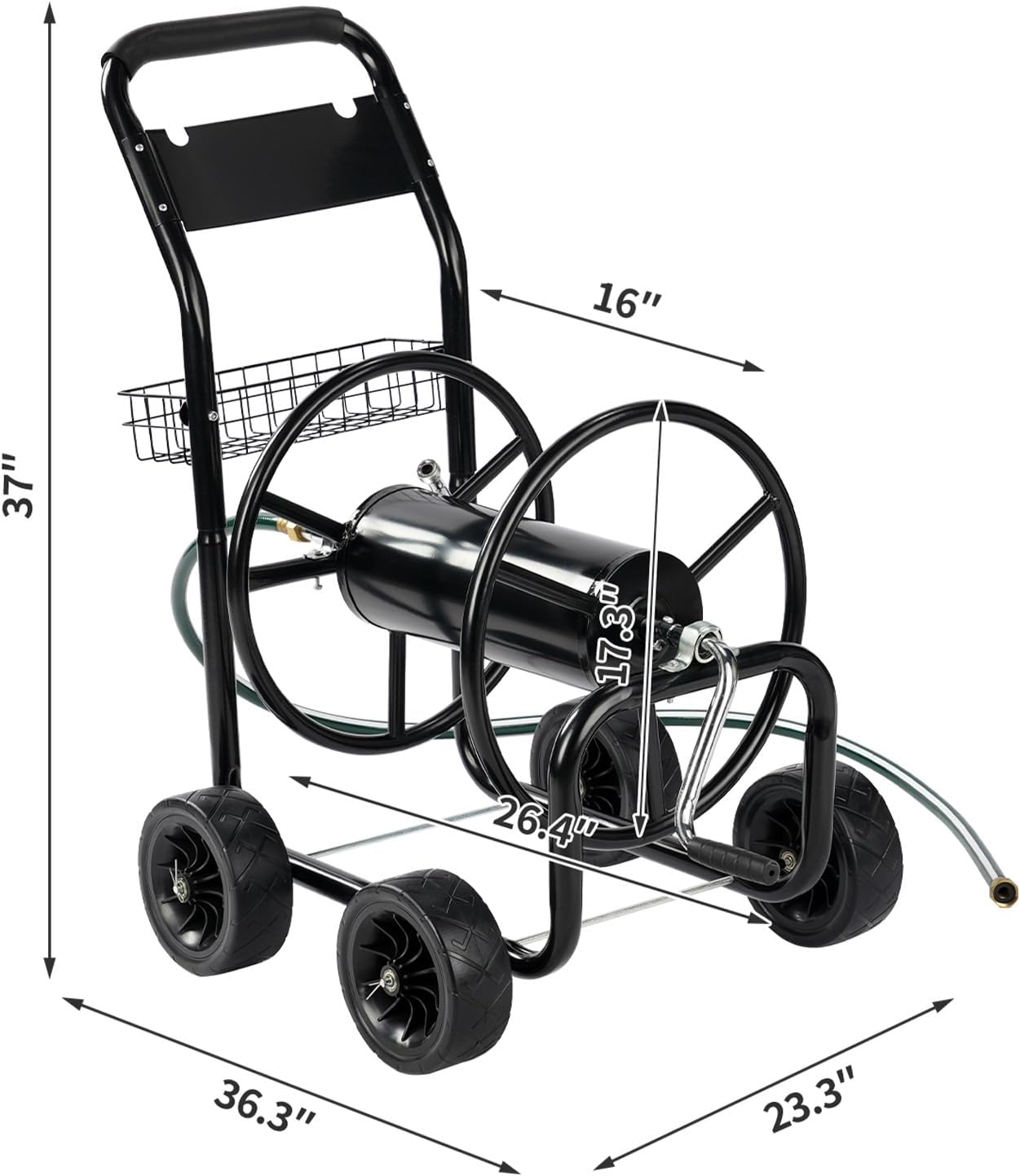 Vasitelan Garden Hose Reel Cart, Water Hose Cart with 4 Wheels,Heavy Duty Powder-Coated Steel Planting with Storage Basket, for Garden, Yard and Lawn (Black)