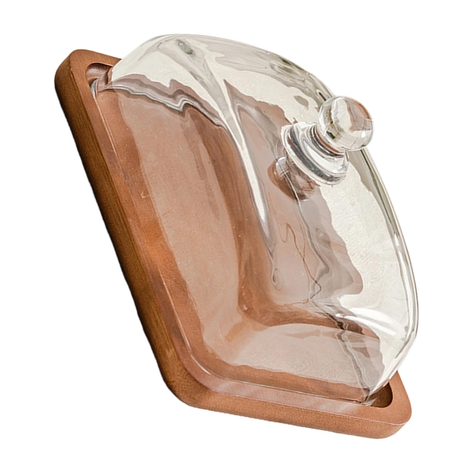 SHINLHUA Wooden Square Cake Dome Tray with Glass Cover for Elegant Dessert Display Butter Tray for Countertop and Fridge Storage Natural Wood Serving