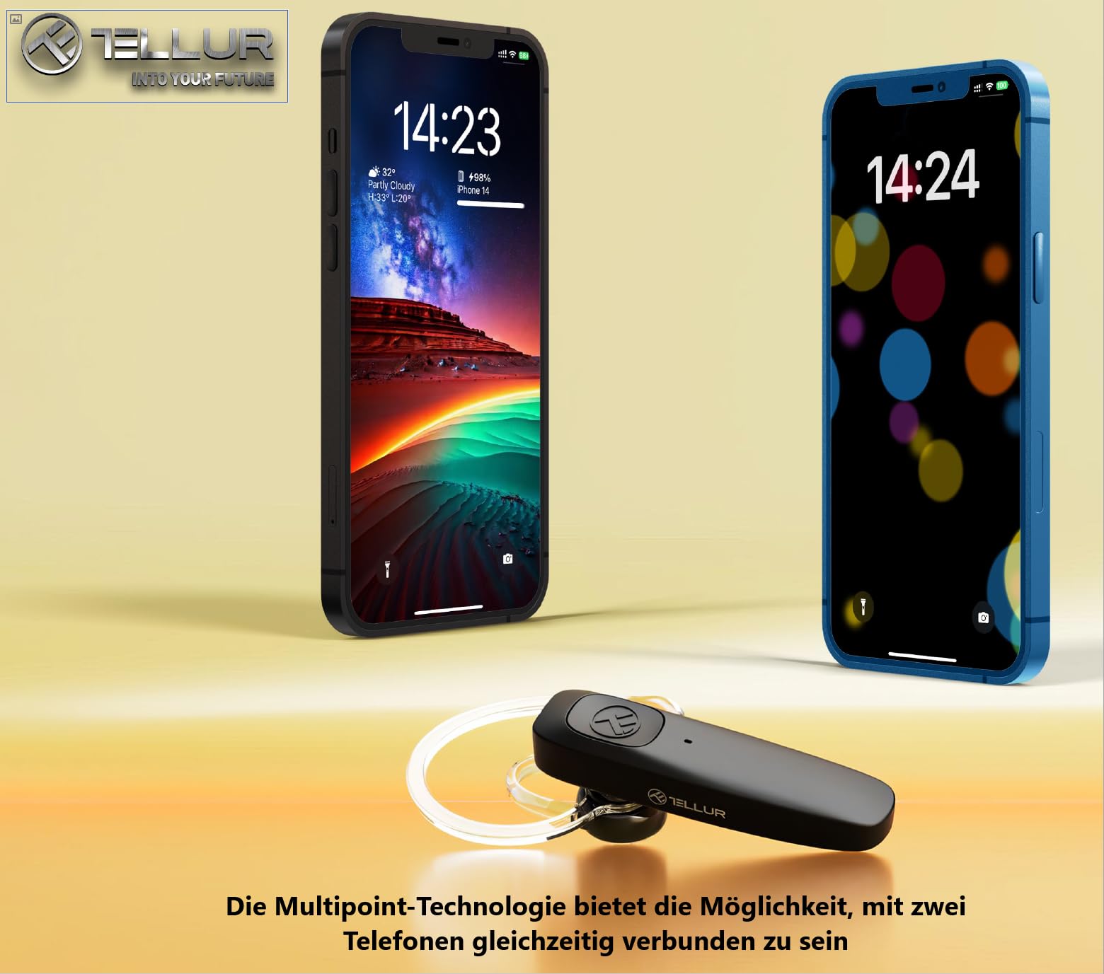 TELLUR VOX 155 Headset Bluetooth Handy, Headset für Handys USB-C, Multipoint-Zwei verbundene Geräte gleichzeitig, 360° Drehung des rechten oder linken Ohrs, IOS, Android und Computer